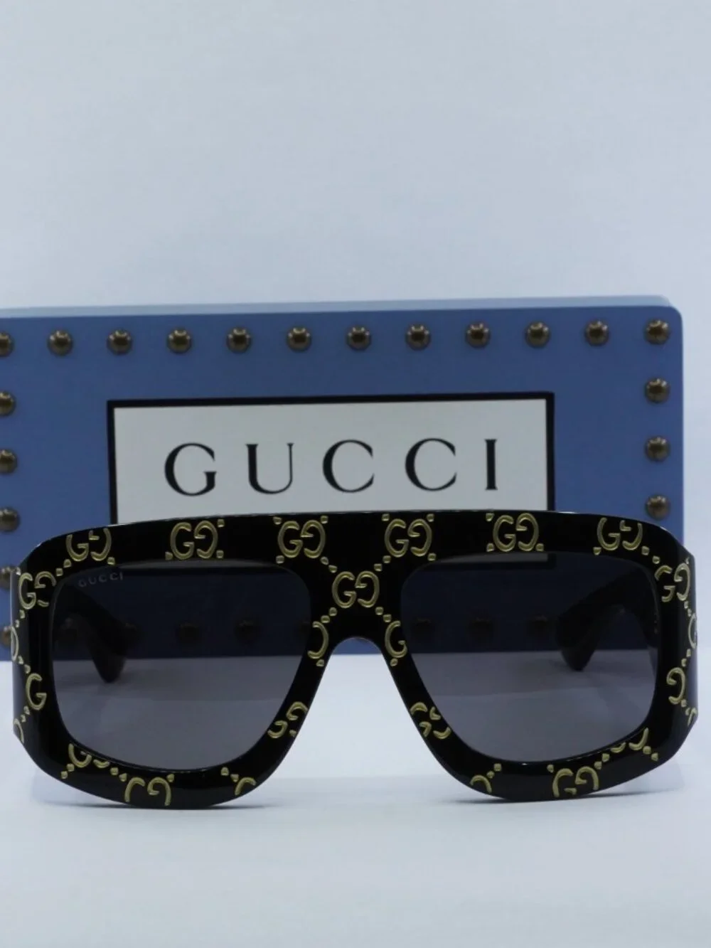 Gucci GG0983S 004 Square Sunglasses - Black With Gold GG Pattern\Grey